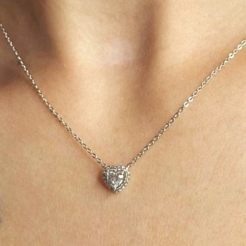 Sterling Silver Rhodium Plated CZ Heart Necklace