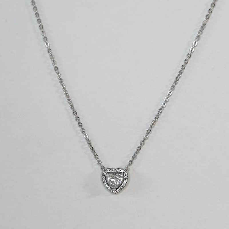 Sterling Silver Rhodium Plated CZ Heart Necklace