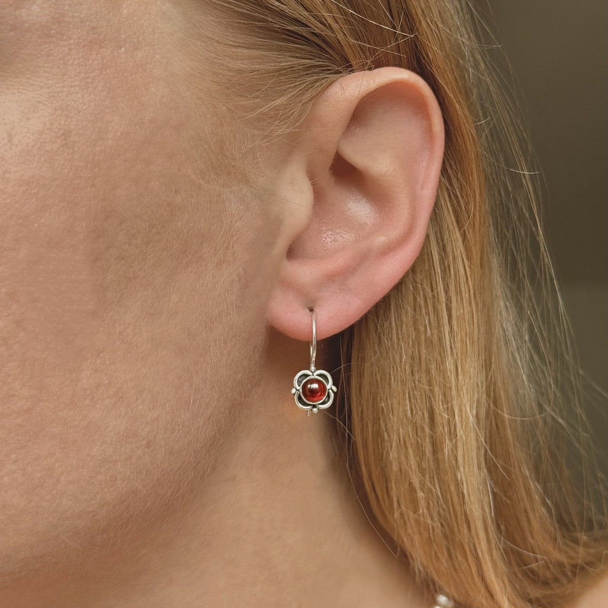 Sterling Silver Garnet Flower Studs