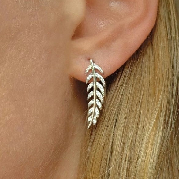 Sterling Silver CZ Feather Drop Earrings