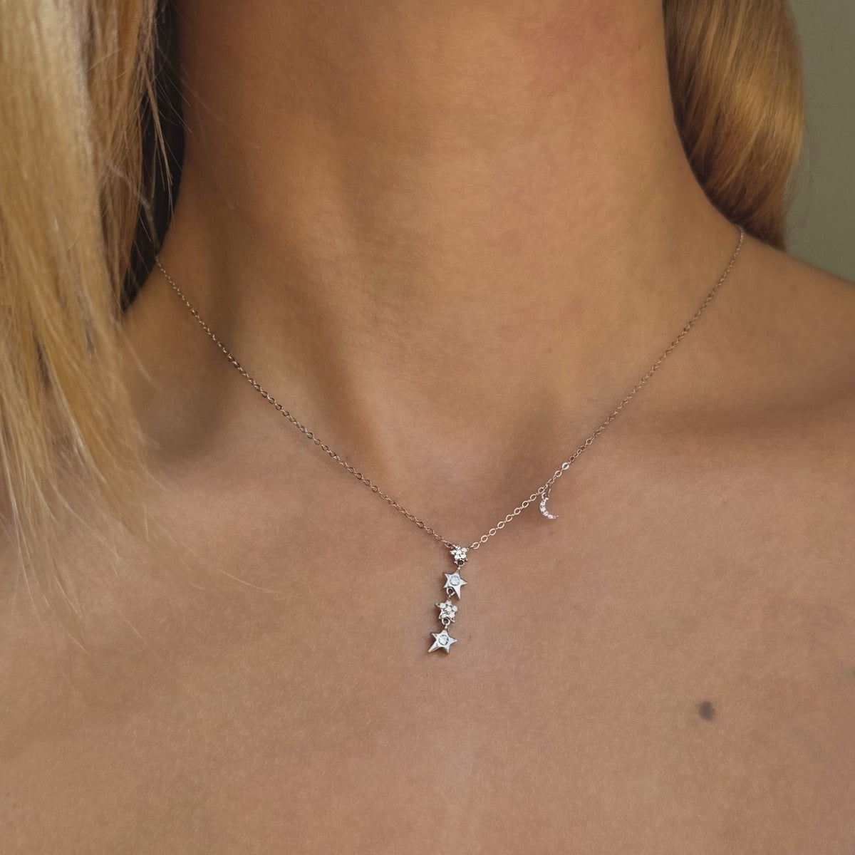 Sterling Silver Rhodium Plated CZ Stars Necklace