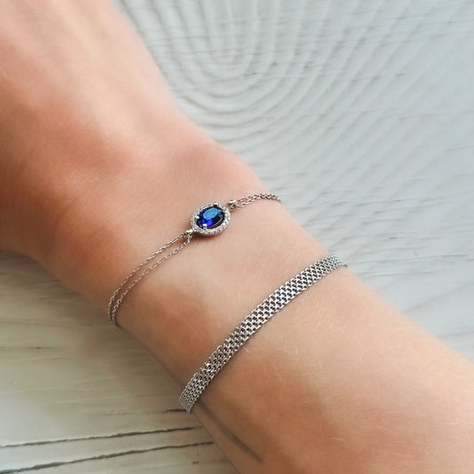 Sterling Silver Rhodium Plated Oval Royal Blue CZ Bracelet
