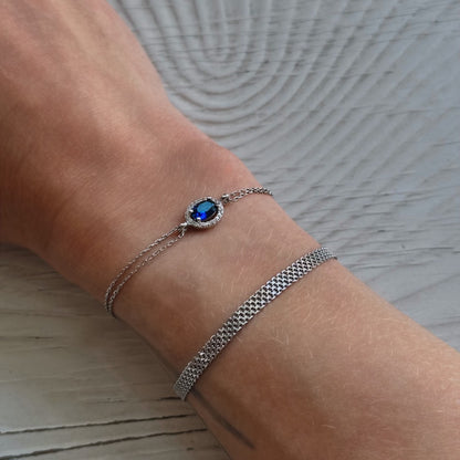 Sterling Silver Rhodium Plated Oval Royal Blue CZ Bracelet