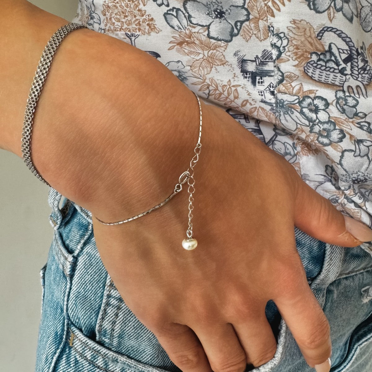 Sterling Silver Rhodium Plated Pearl Chain Bracelet