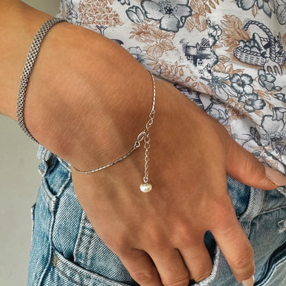 Sterling Silver Rhodium Plated Pearl Chain Bracelet