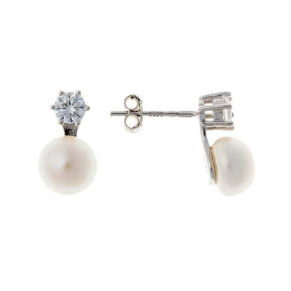 Sterling Silver Rhodium Plated Pearl & CZ Stud Earrings