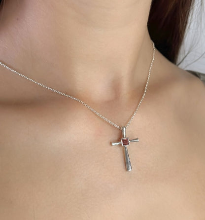 Sterling Silver Garnet Cross Necklace