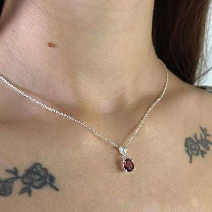 Sterling Silver Oval Garnet Pendant Necklace