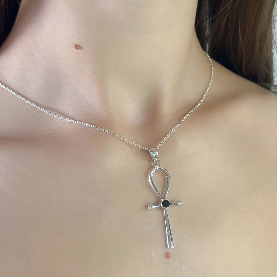 Sterling Silver Onyx Cross Necklace