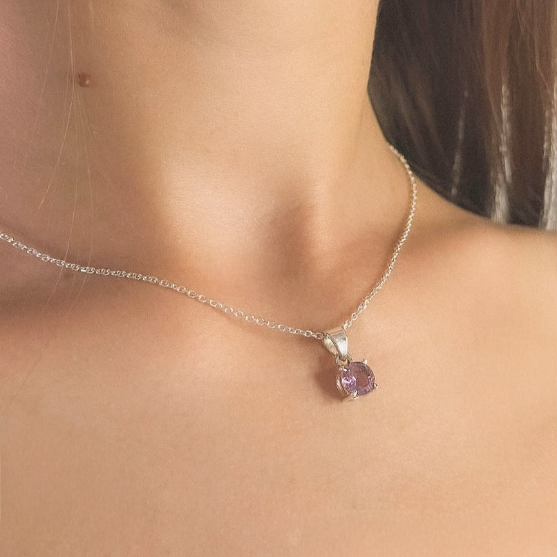Sterling Silver Round Amethyst Pendant Necklace