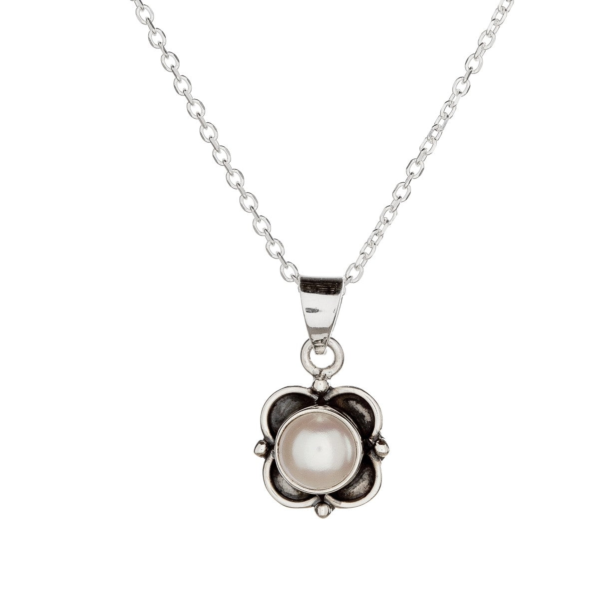 Sterling Silver Pearl Flower Pendant Necklace