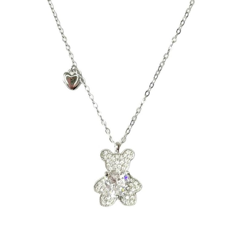 Sterling Silver Rhodium Plated CZ Teddy Bear Necklace