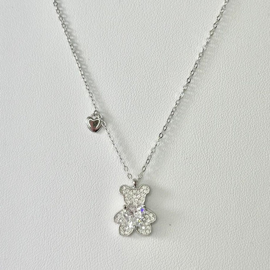 Sterling Silver Rhodium Plated CZ Teddy Bear Necklace