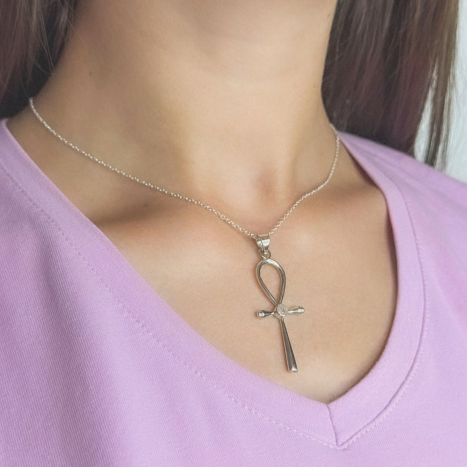 Sterling Silver Moonstone Cross Pendant Necklace