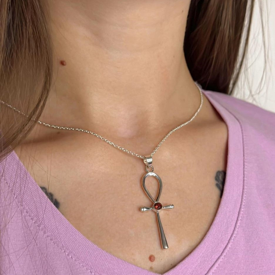 Sterling Silver Garnet Cross Necklace