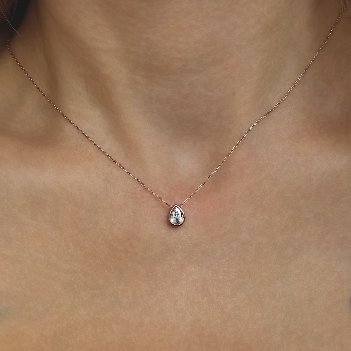 Sterling Silver Rose Gold Plated CZ Teardrop Necklace