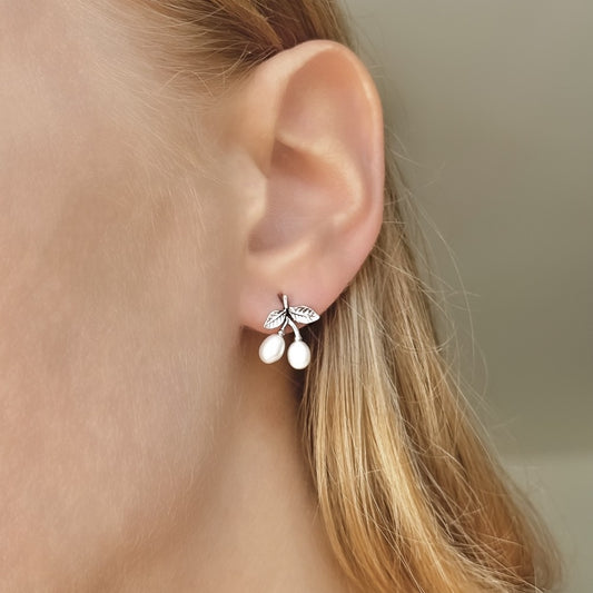 Sterling Silver Pearl Cherry Stud Earrings