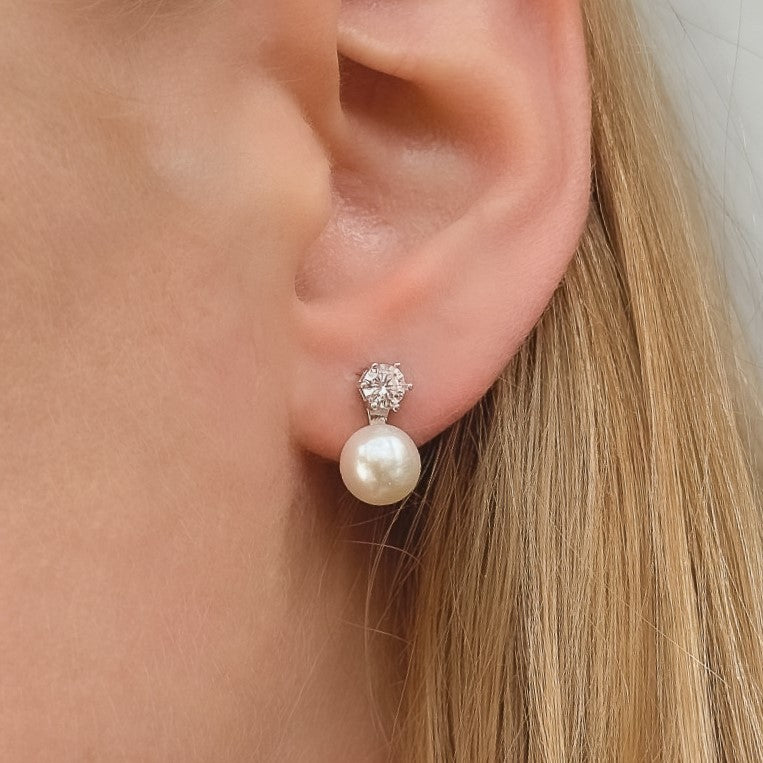 Sterling Silver Rhodium Plated Pearl & CZ Stud Earrings