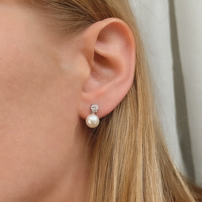 Sterling Silver Rhodium Plated Pearl & CZ Stud Earrings