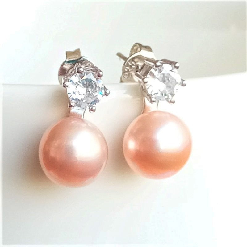 Sterling Silver Rhodium Plated Pearl & CZ Stud Earrings