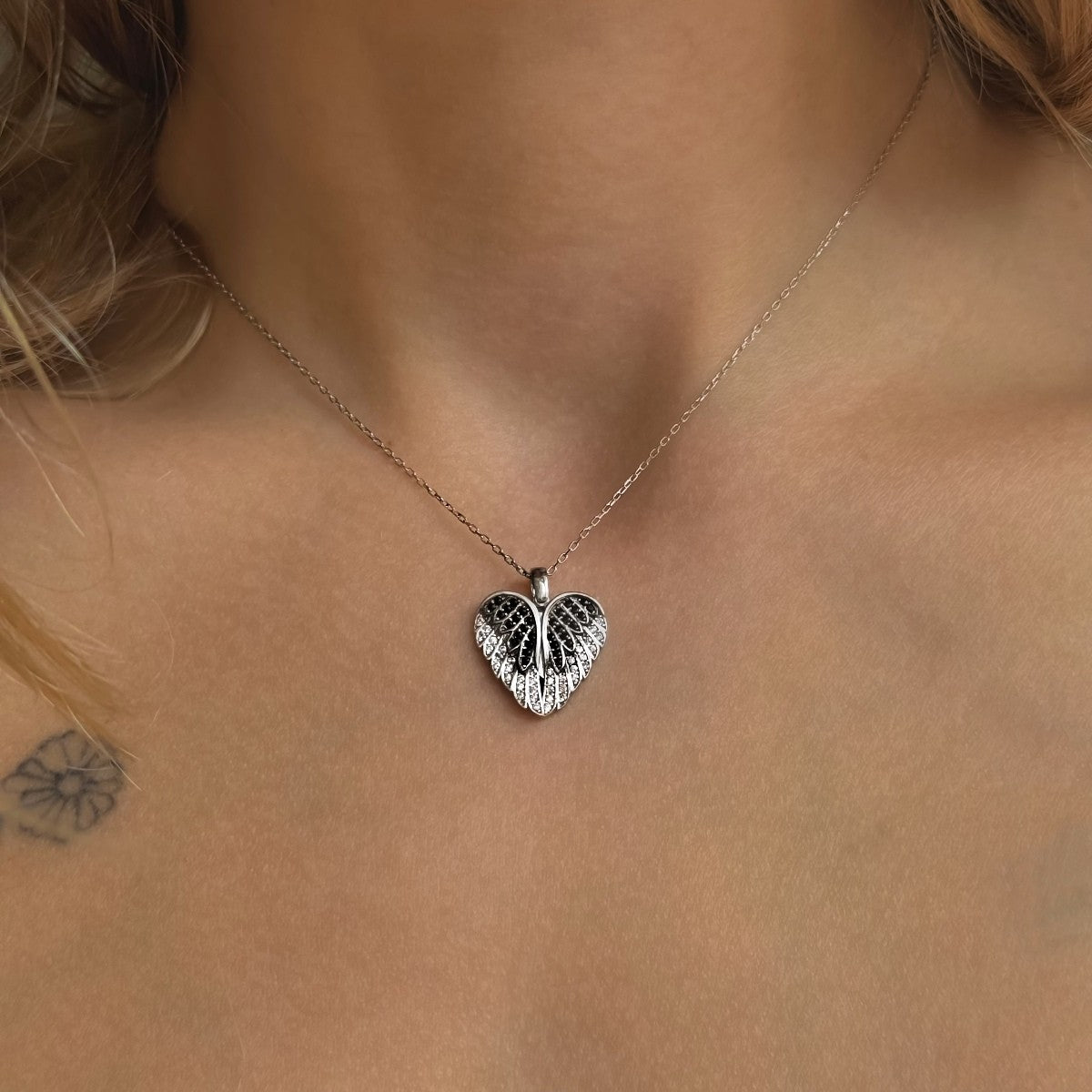 Sterling Silver Rhodium Plated "Wings & Heart" Necklace