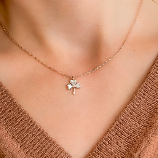 Sterling Silver Rose Gold Plated CZ Clover Necklace