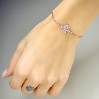 Sterling Silver Rose Gold Plated CZ Clover Bracelet