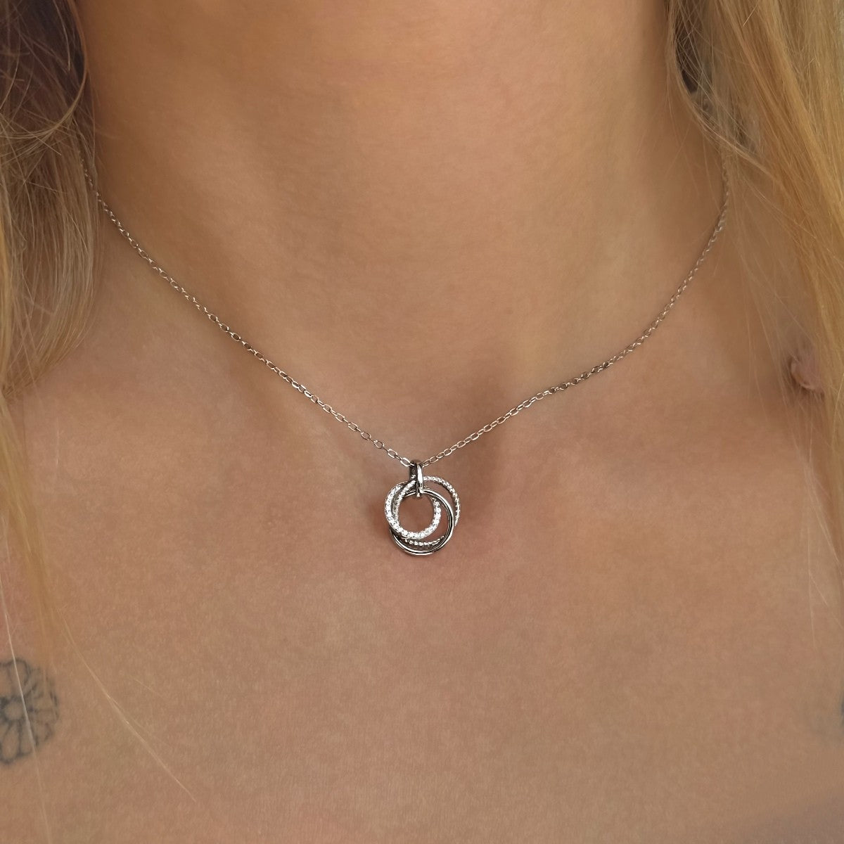 Sterling Silver Rhodium Plated Triple Ring Necklace