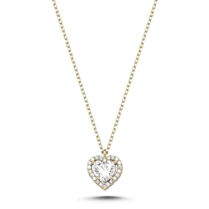 Sterling Silver Gold Plated CZ Heart Pendant Necklace