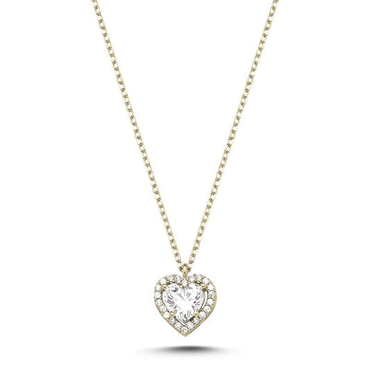 Sterling Silver Gold Plated CZ Heart Pendant Necklace