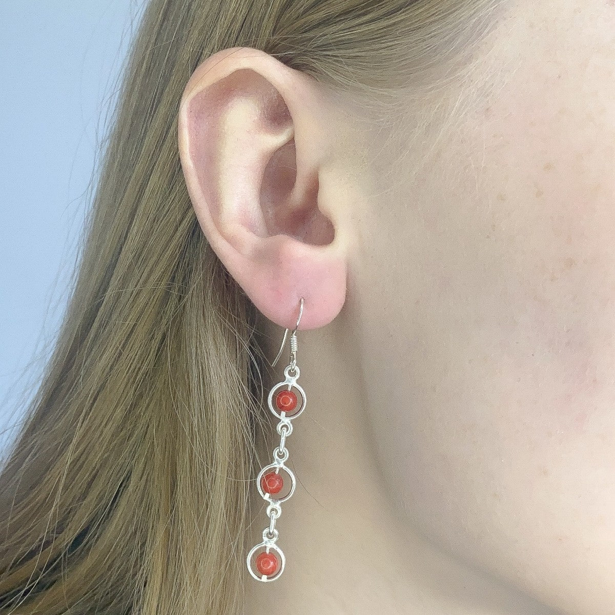 Sterling Silver Coral Stone Drop Earrings