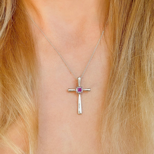 Sterling Silver Amethyst Cross Pendant Necklace