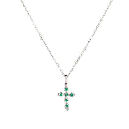Sidabrinis rodžiuotas kryželis su žaliais cirkoniais ir grandinėle