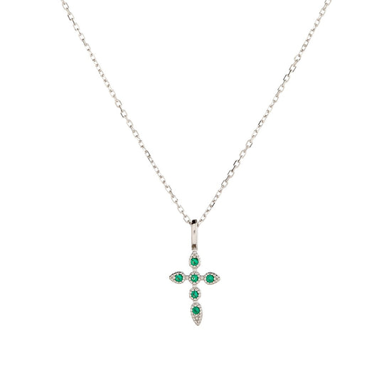Sidabrinis rodžiuotas kryželis su žaliais cirkoniais ir grandinėle