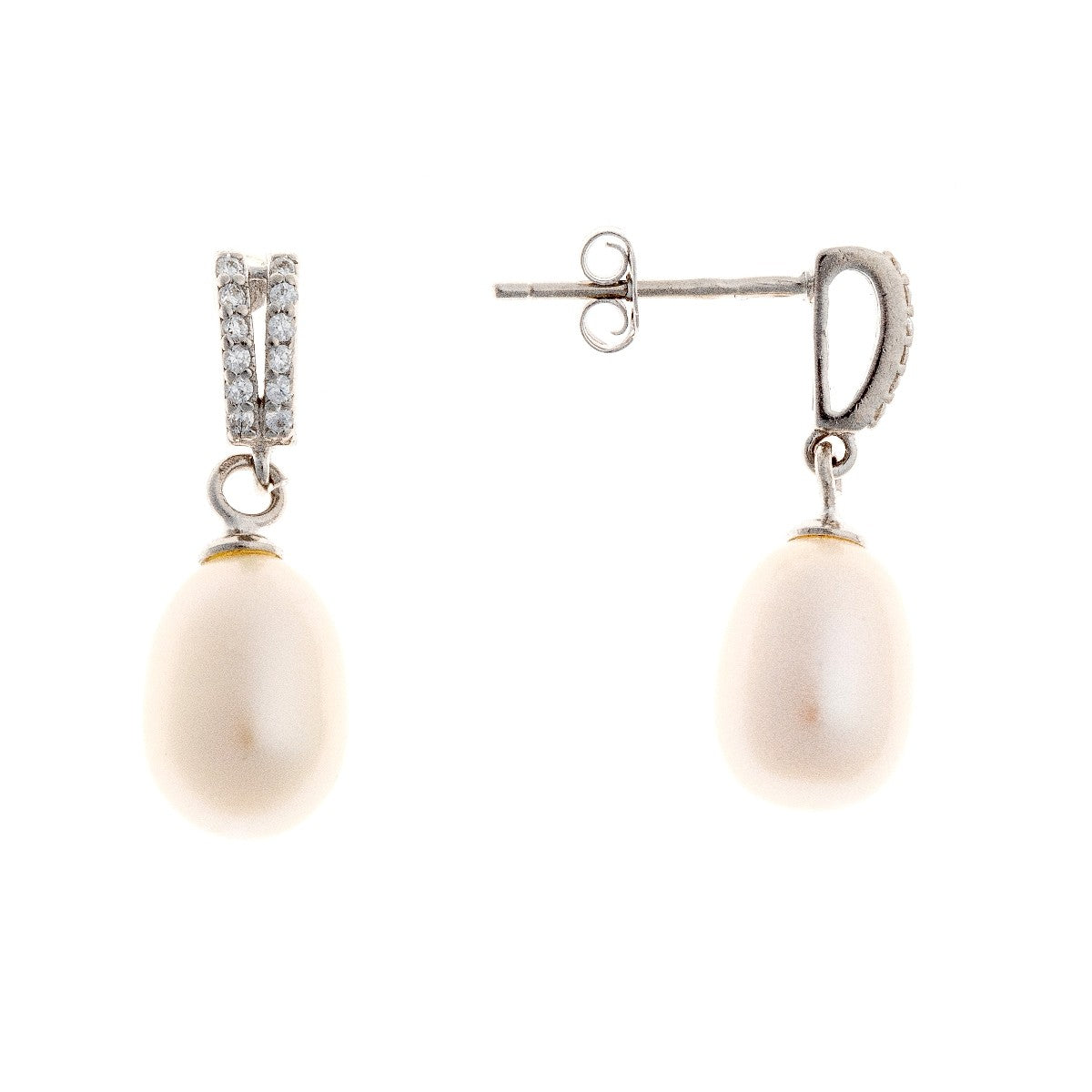 Sterling Silver Rhodium Plated Pearl & CZ Drop Earrings