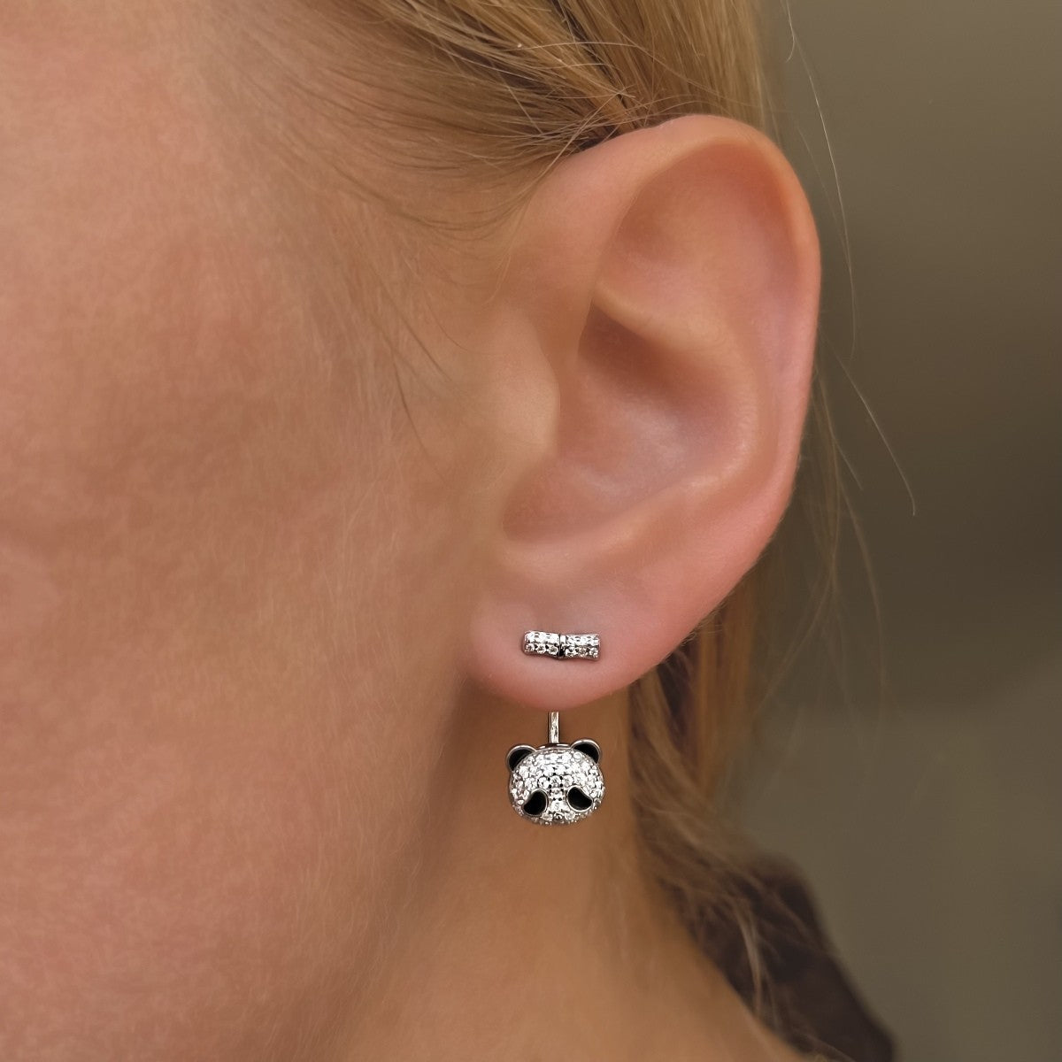 Sterling Silver Rhodium Plated CZ Panda Stud Earrings