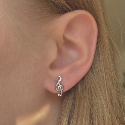 Sterling Silver Rhodium Plated CZ Treble Clef Studs