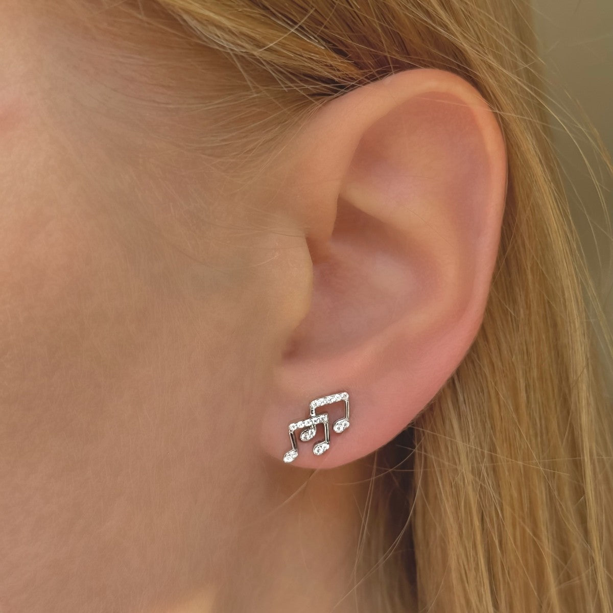 Sterling Silver Rhodium Plated CZ Music Note Studs