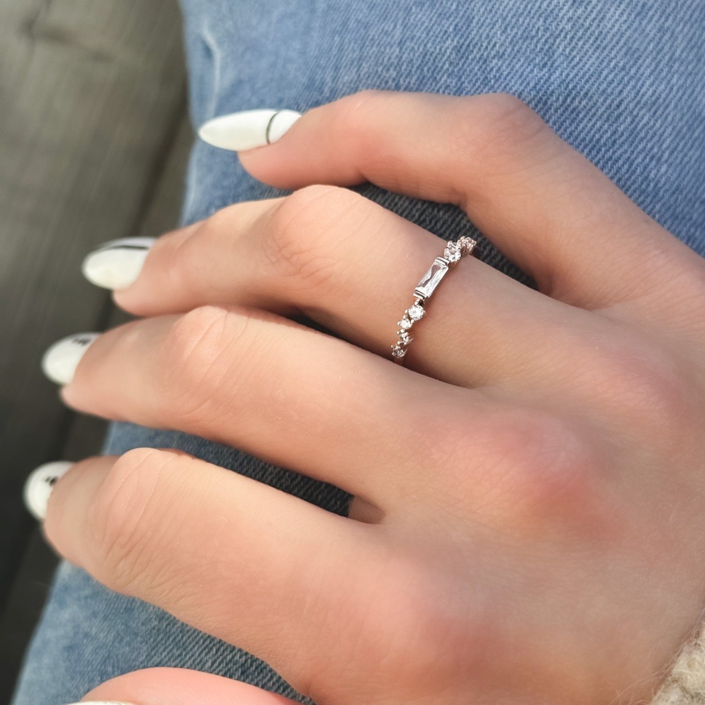 Sterling Silver Rhodium Plated Rectangle CZ Ring