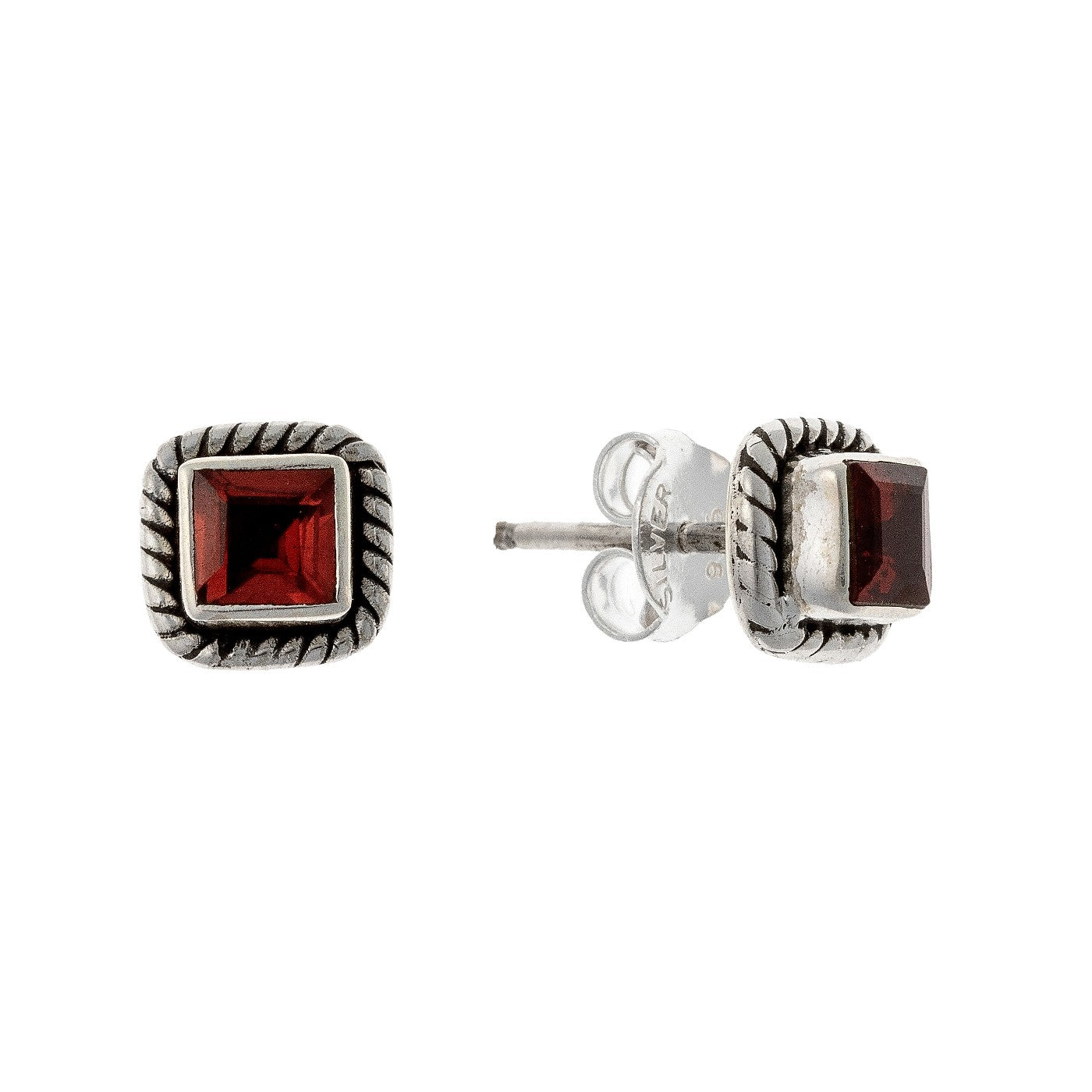 Sterling Silver Square Garnet Studs