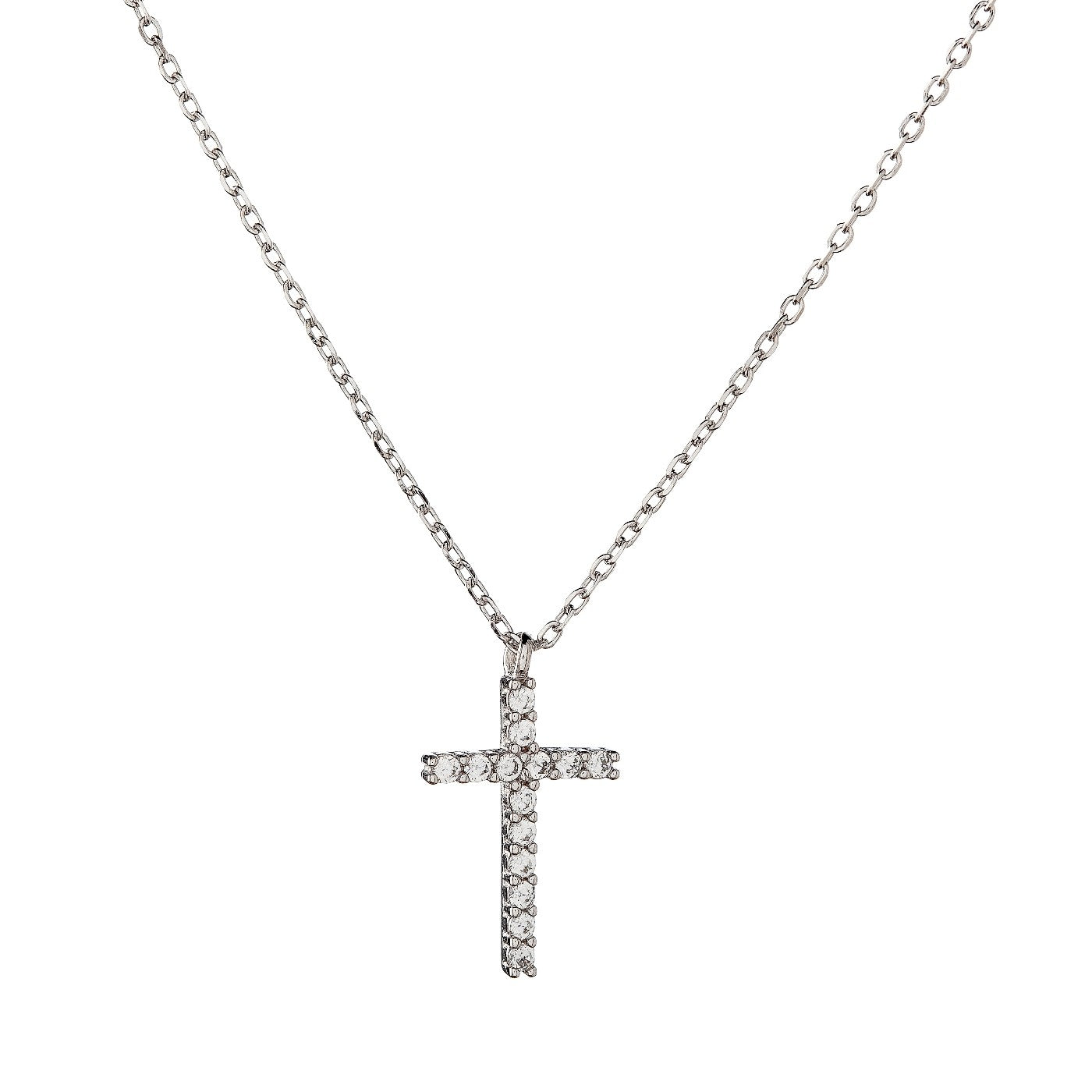 Sterling Silver Rhodium Plated CZ Cross Necklace