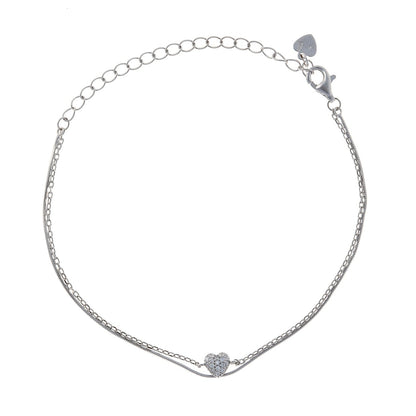 Sterling Silver Rhodium Plated Heart Double Chain Bracelet