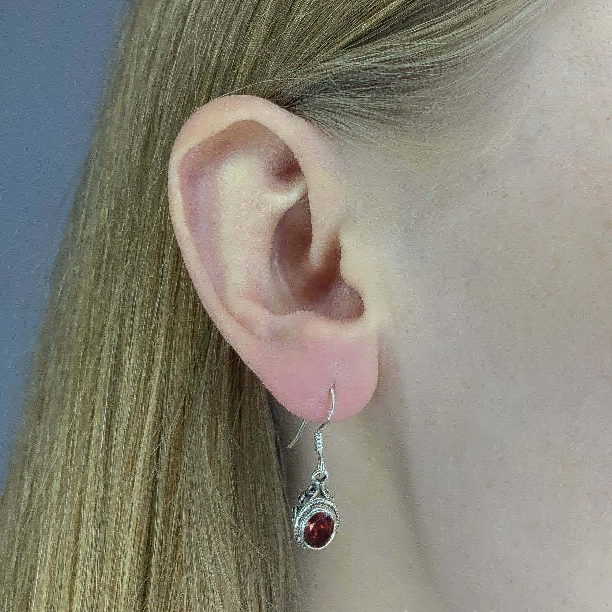 Sterling Silver Oval Garnet Drop Earrings