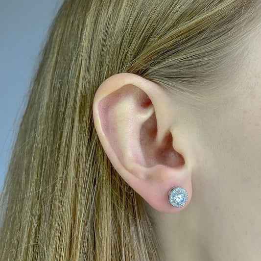 Sterling Silver Rhodium Plated CZ Cluster Round Studs