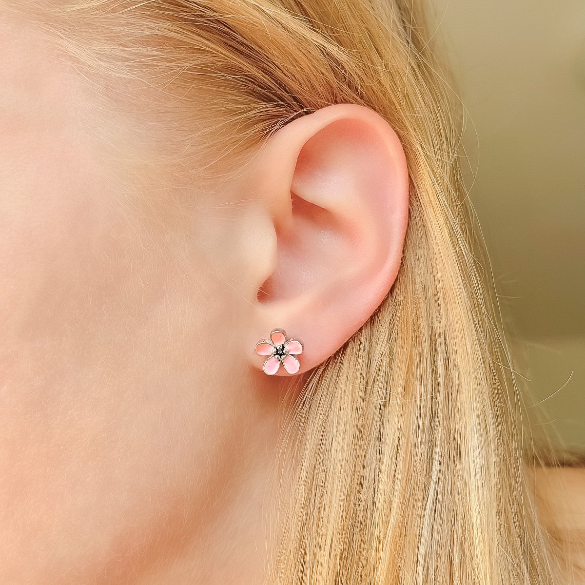 Sterling Silver Rhodium Plated Enamel Flower Studs