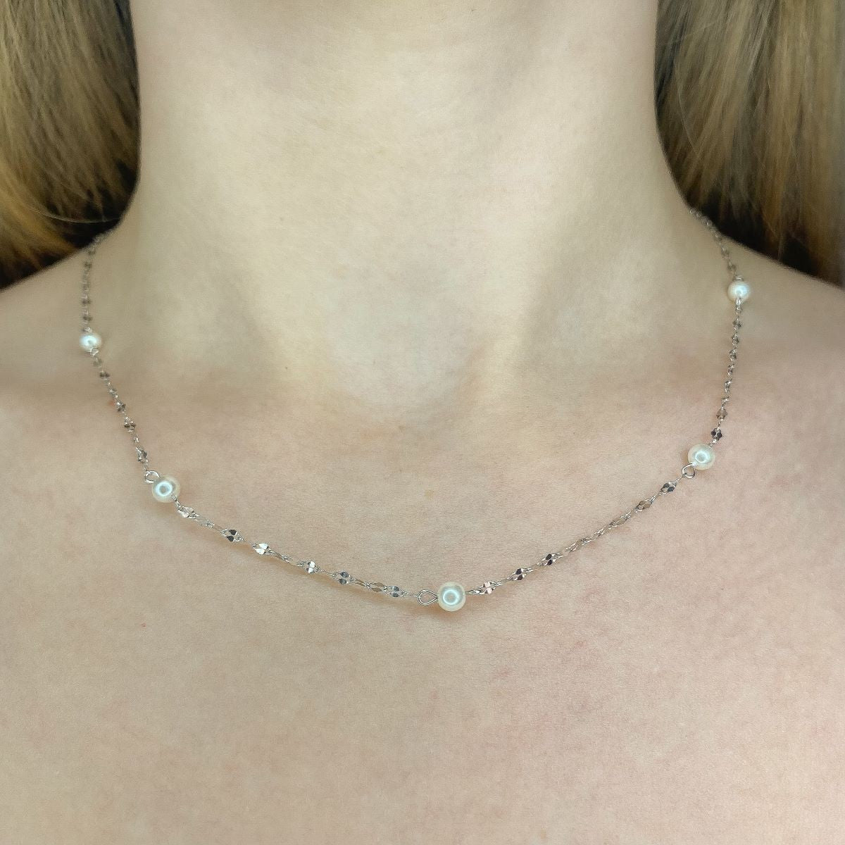 Sterling Silver Rhodium Plated Pearl Imitation Necklace