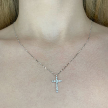 Sterling Silver Rhodium Plated CZ Cross Necklace