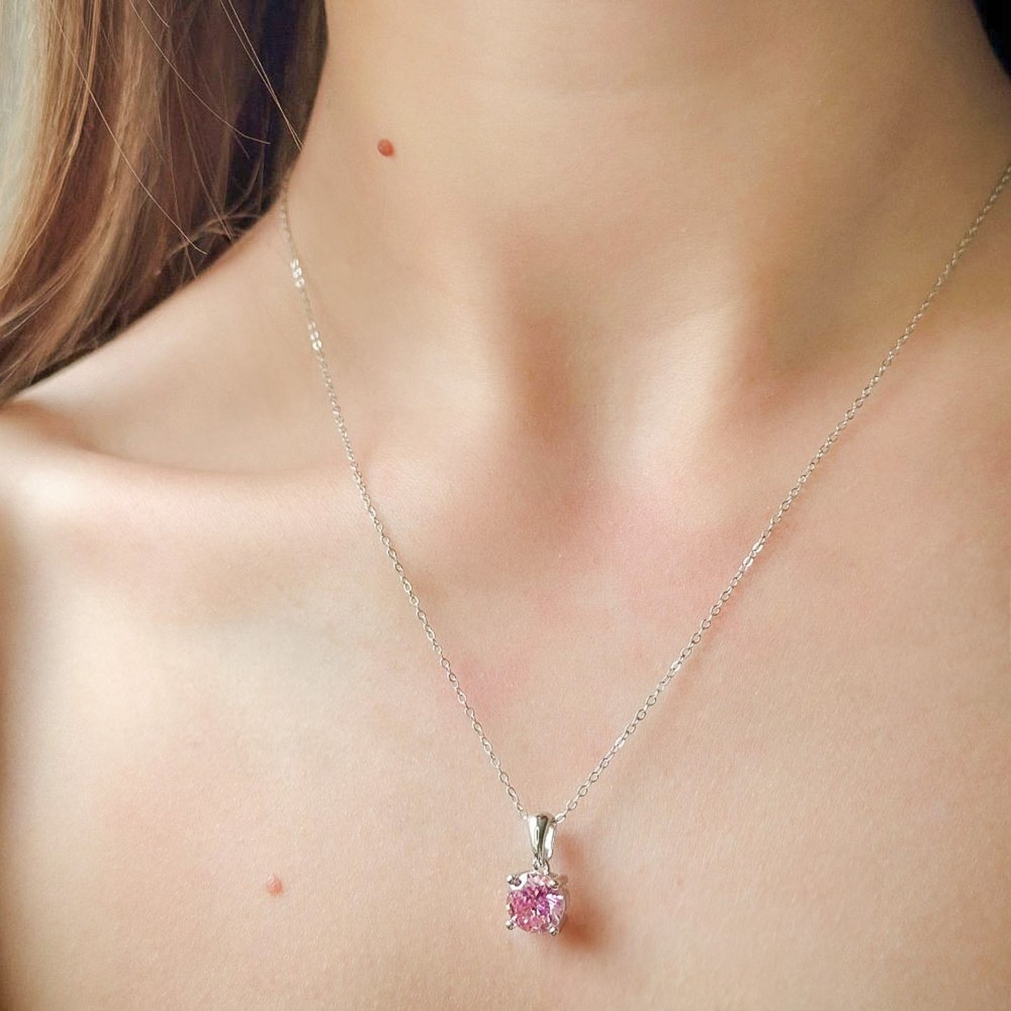 Sterling Silver Rhodium Plated Pink CZ Pendant Necklace