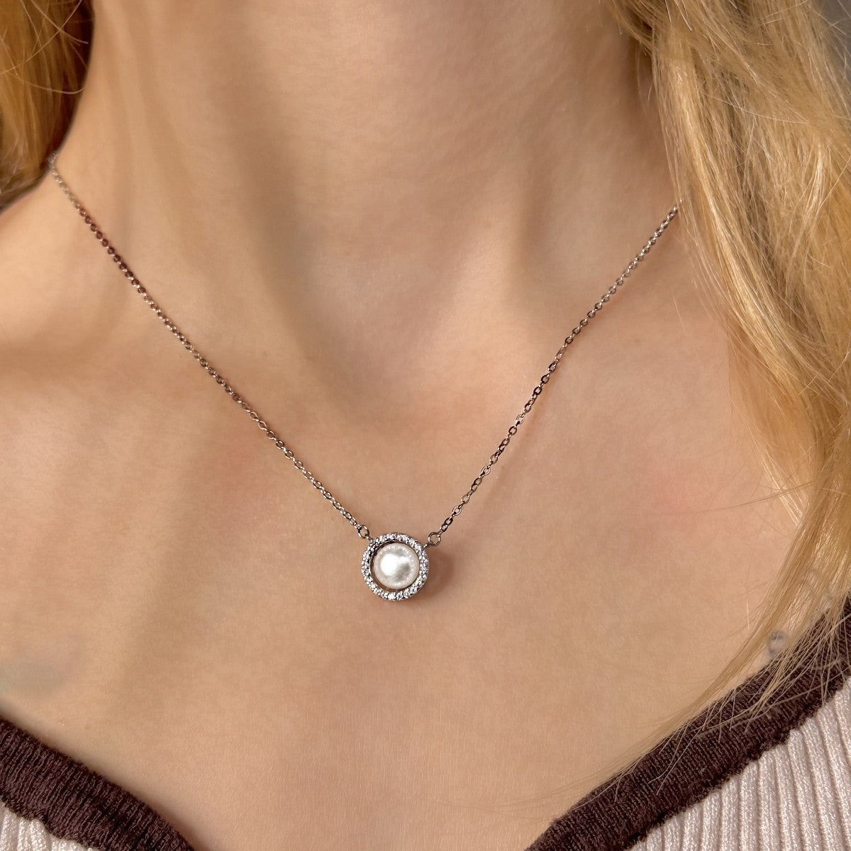 Sterling Silver Rhodium Plated Pearl Necklace