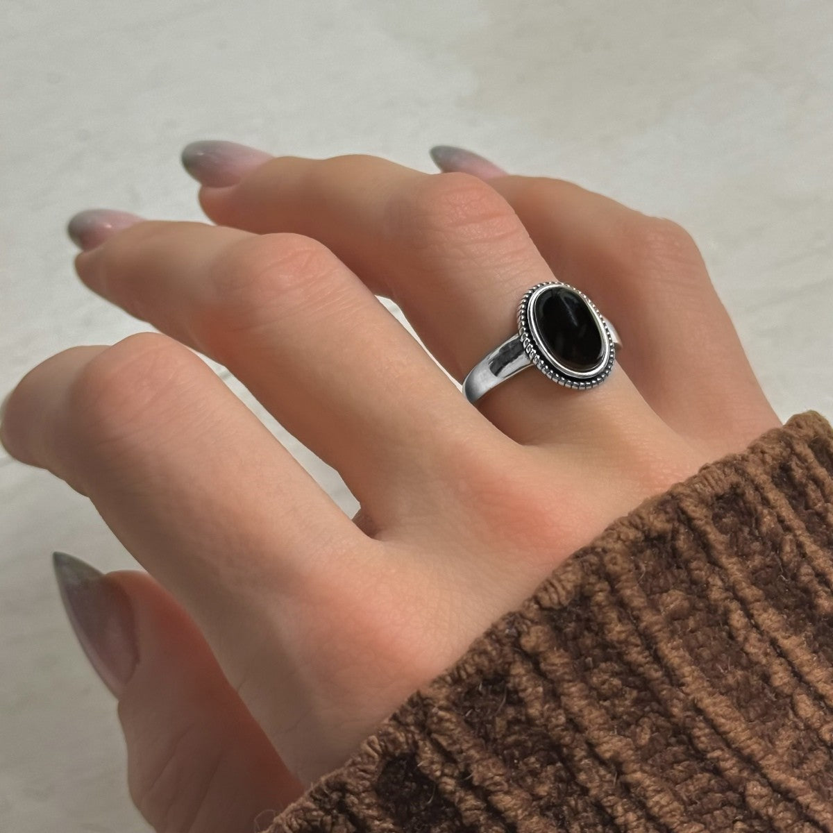 Sterling Silver Rhodium Plated Black Agate Ring